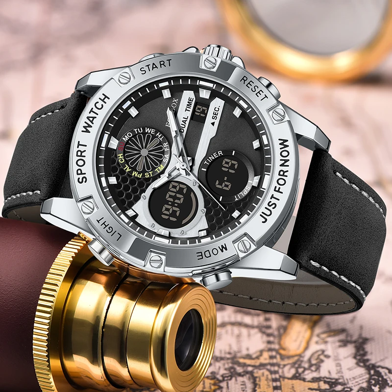 2025 فوكس بوكس ساعات رياضية للرجال قوي مضيئة عرض مزدوج مقاوم للماء كوارتز ساعة يد جلدية أصلية Relogio Masculino