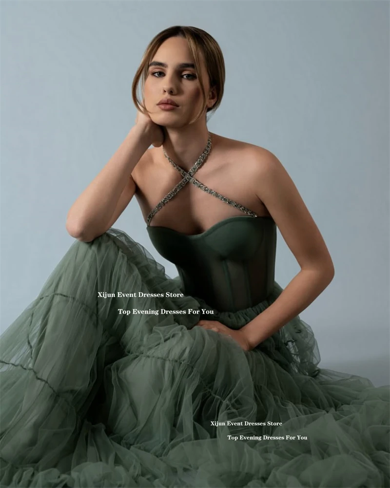 

Xijun Olive Green Tulle Evening Dresses A-Line Sweetheart Long Prom Dresses Beads Sleeveless Formal Prom Gowns 2025 Customize