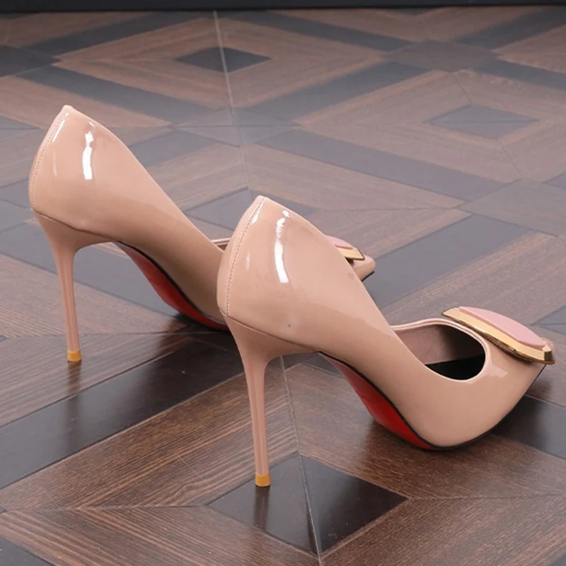 2024 Summer Women Luxury 9cm High Heels Pumps Metal Buckle Stiletto Prom Formal Soft Leather Elegant Red Bottom Drag Queen Shoes