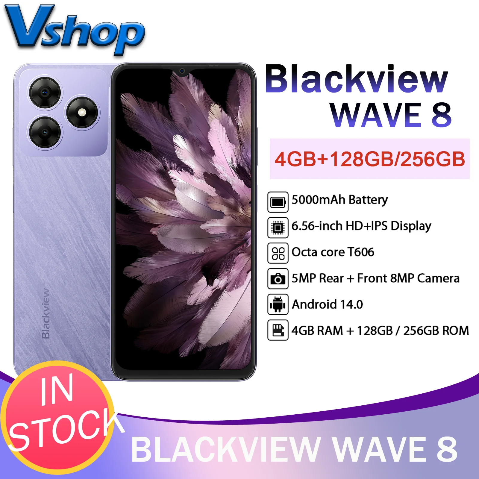 Blackview WAVE 8 Smartphone 4GB+128GB/256GB 6.56''HD+IPS Display Android 14 Unisoc T606 5000mAh Battery 8MP Camera 10W CellPhone