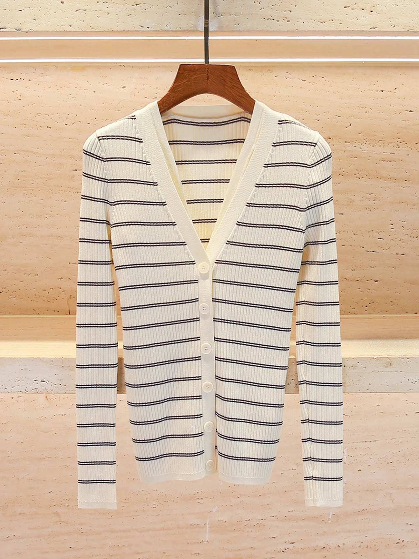 

S Home Nan You High End Women's Casual Striped V-Neck Knitted Open Cardigan Spring 2026 Soft Long Sleeve Fashion Top