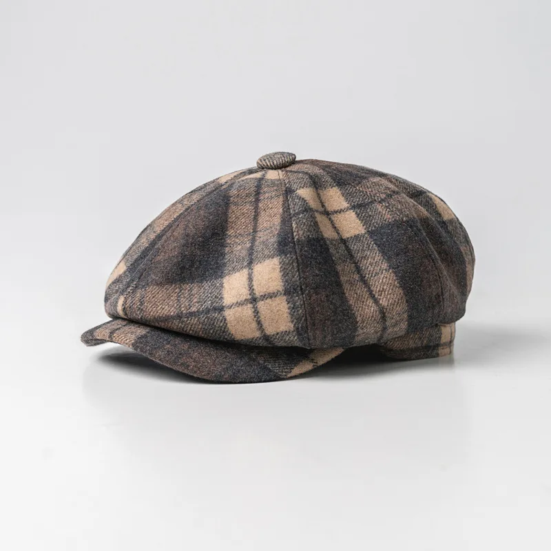 Retro Plaid Splicing Beret Wool Octagonal Cap Warm Newsboy Cap Street Painter Hat Retro Forward Cap England Plaid Hat