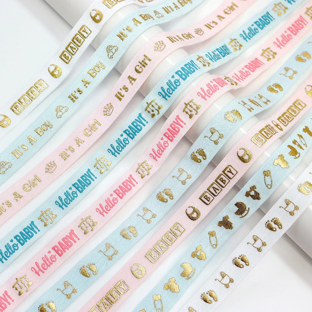 5/8'' 15mm Gold Foil Hello Baby It's A Boy Girl Printed FOE Fold Over Elastic Ribbon For Baby Boy Girl Headband Knot Hair Ties