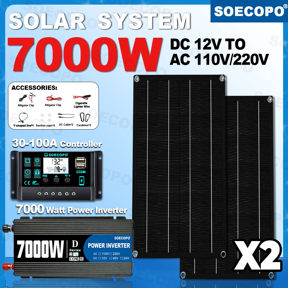 

SOECOPO 7000W Complete Solar System 2×800W Portable Panels, Inverter (DC 12V - AC 110V/220V) , 100A Controller – Home, Camping