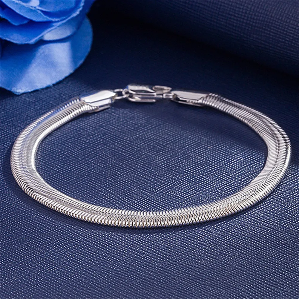 

Street Fashion Fine 6MM Flat Snake Bone Chain 925 Sterling Silver Bracelet for Man Woman Wedding Party Gift Jewelry