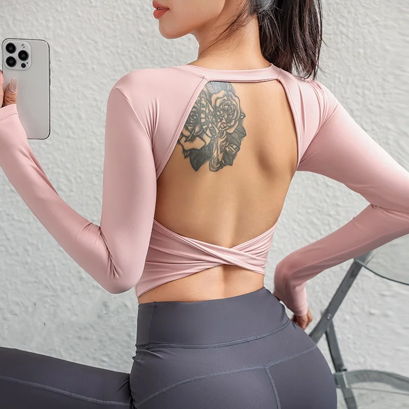 Autumn Winter Women Yoga Sexy Backless Cross Straps Long Sleeve Tops Quick-dry  Pilates Gym Fitness T-shirt Fixed Chest Pad Tops