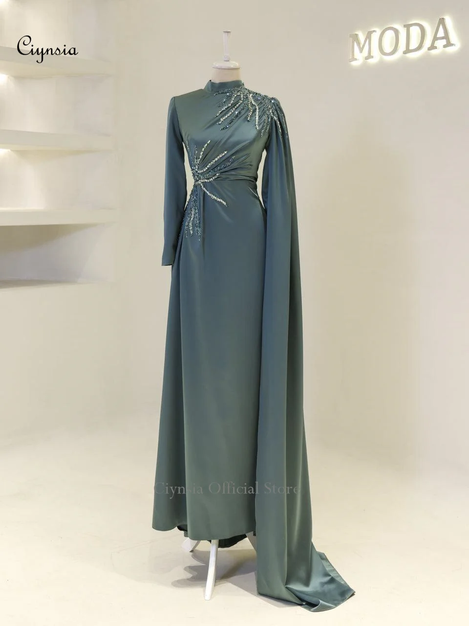 فستان حفلات الزفاف الأنيق المخصص من Ciynsia بأكمام طويلة ورقبة عالية فساتين سهرة شال طويل فستان سهرة رسمي عربي سعودي