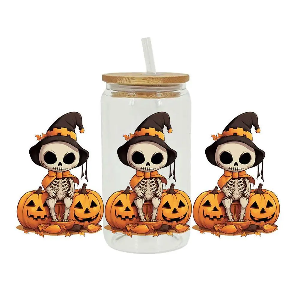 Halloween UV DTF Transfers Stickers For 16 Oz Glass Cup Mug Waterproof Halloween Pumpkin Skeleton Ghost UV DTF Cup Wraps De I0E7