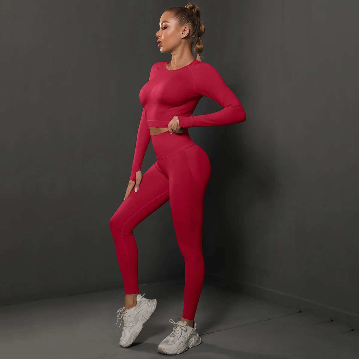 

Women Winter Gym Sports Sets Elastic Seamless Leggings Crop Tops Shirts leggins Training Suits Outdoor Gymwear Yoga Pants Nylon