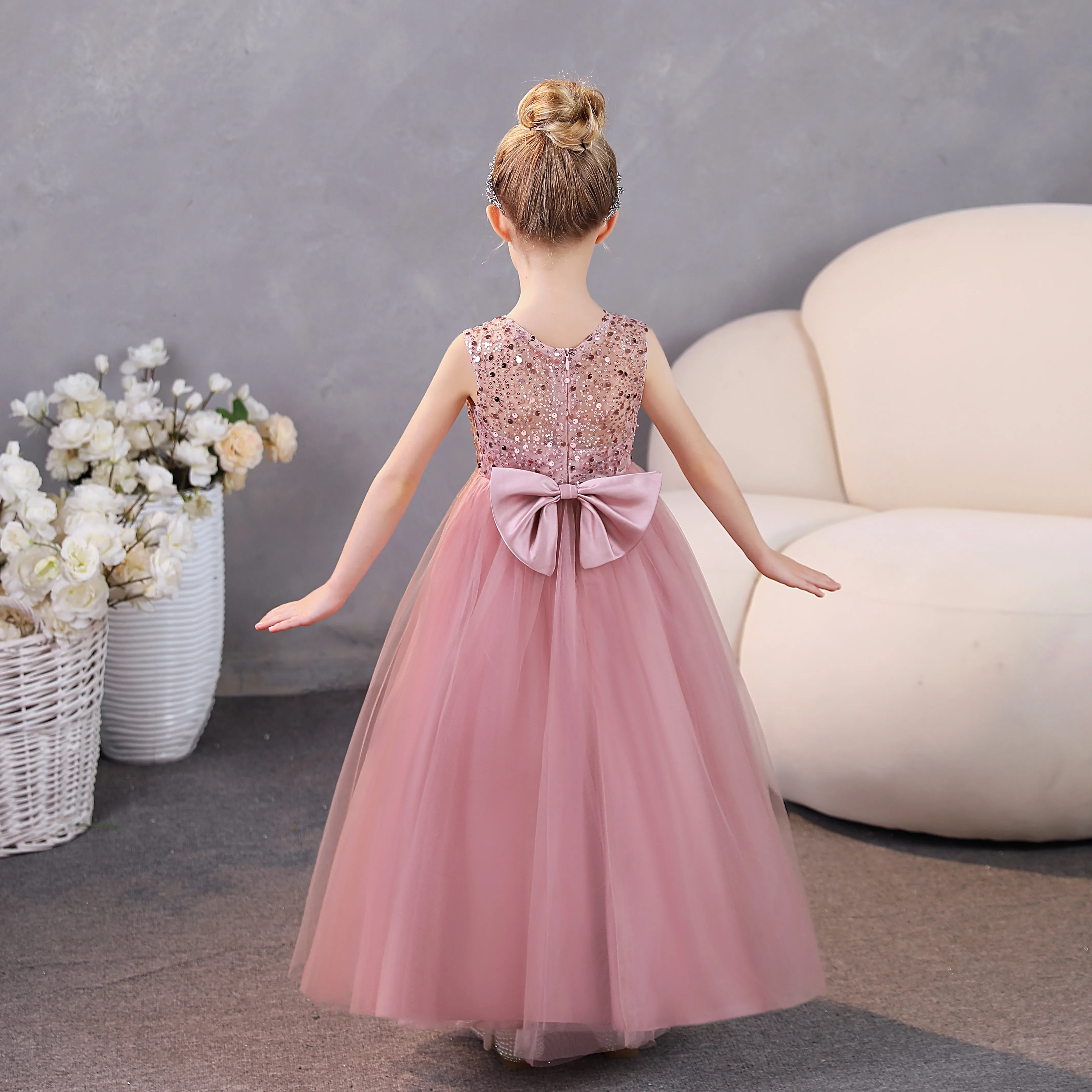 Dusty Rose Flower Girl Dresses for Wedding Puffy Tulle Princess Pageant Ball Gown Kids Birthday First Communion With Bow