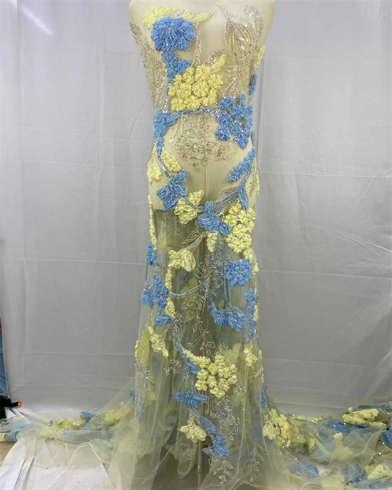 

Luxury Sequins Beads Lace Fabric With Heavy 3D Embroidery Flower Fabric Fashion French Tulle Mesh Lace Fabric For Dres