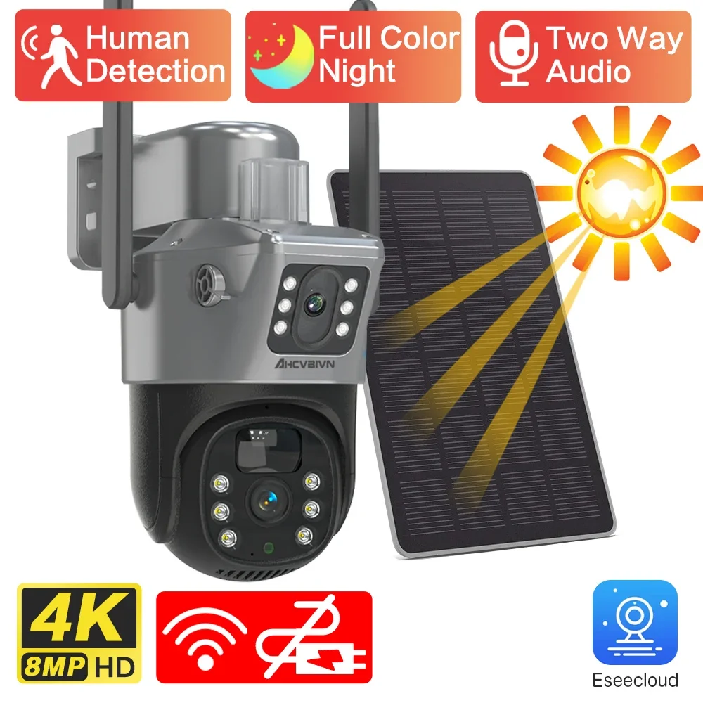 

4K 8MP Dual Lens WIFI Solar Camera Dual Screen Built-in Battery PIR Motion Detection Outdoor Wireless PTZ CCTV Security Camera