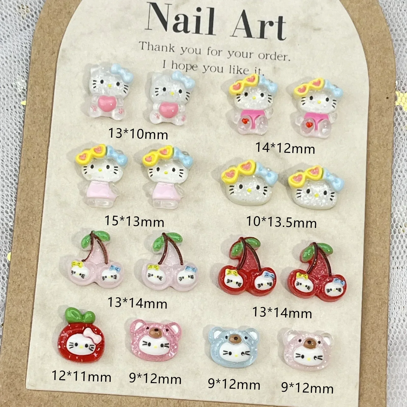 Kawaii Hello Kitty Ice Transparent Fine Shining Nail Art Cartoon 3D Cherry Hawaiian Dress Up Series Girl Cute Nail Accessories