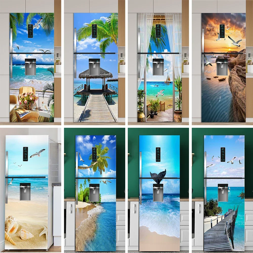 Blue Sky Sea Beach Fridge Door Wrap Mural Sticker Waterproof PVC Forest Waterfall 3D Wallpaper Regrigerator Stickers Adhesive