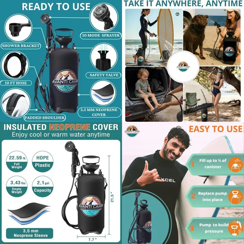 

Портативный набор для душа на открытом воздухе с ручным насосом для кемпинга, пляжа и путешествий - идеально подходит для домашних животных и снаряжения