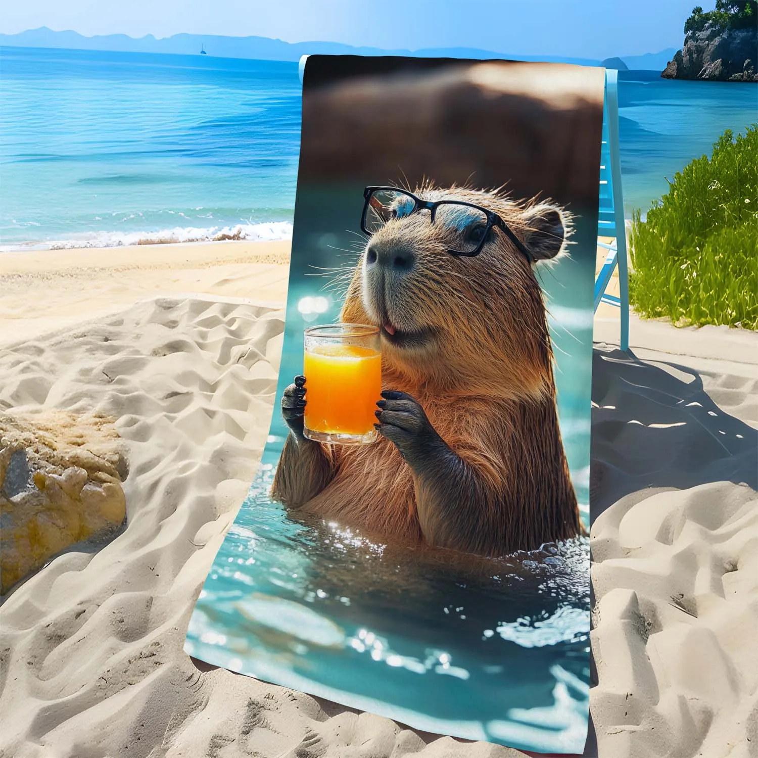 Funny Capybara Drinking Orange Juice 3D Print Beach Towel Highly Absorbent Novelty Animal Towel For Summer Beach Outdoor