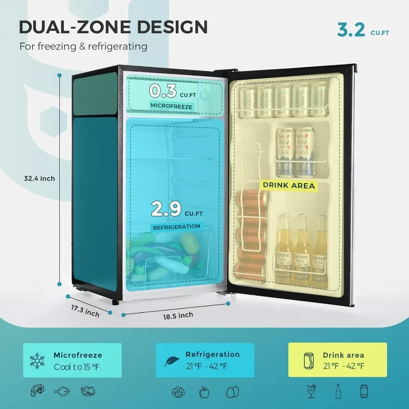 EUHOMY 3.2 Cu.Ft Mini Fridge with Freezer, Single Door Compact Refrigerator, LED light, Energy Saving, Mini Refrigerator
