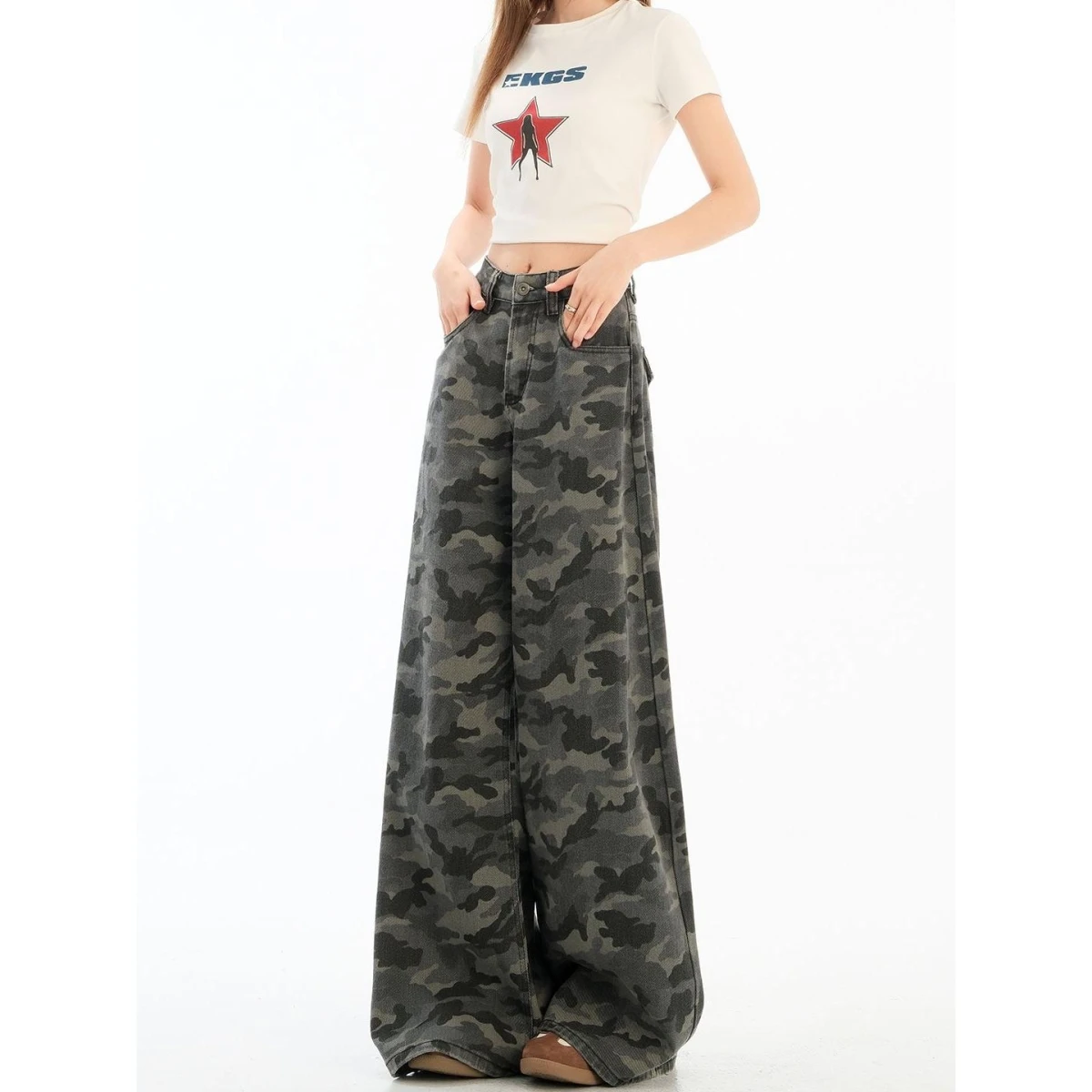 

American Style High Waist Loose Wide Leg Camouflage Jeans Women's Casual Floor Length Pants Spring Summer New Arrival