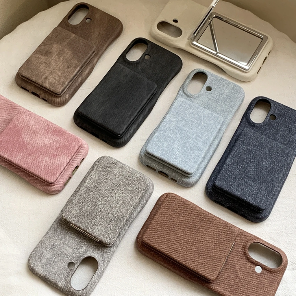 

Зеркало для макияжа в стиле ретро с индивидуальным джинсовым узором и держателем, противоударный чехол для телефона для iPhone 17, 16, 15, 14, 13 Pro Max