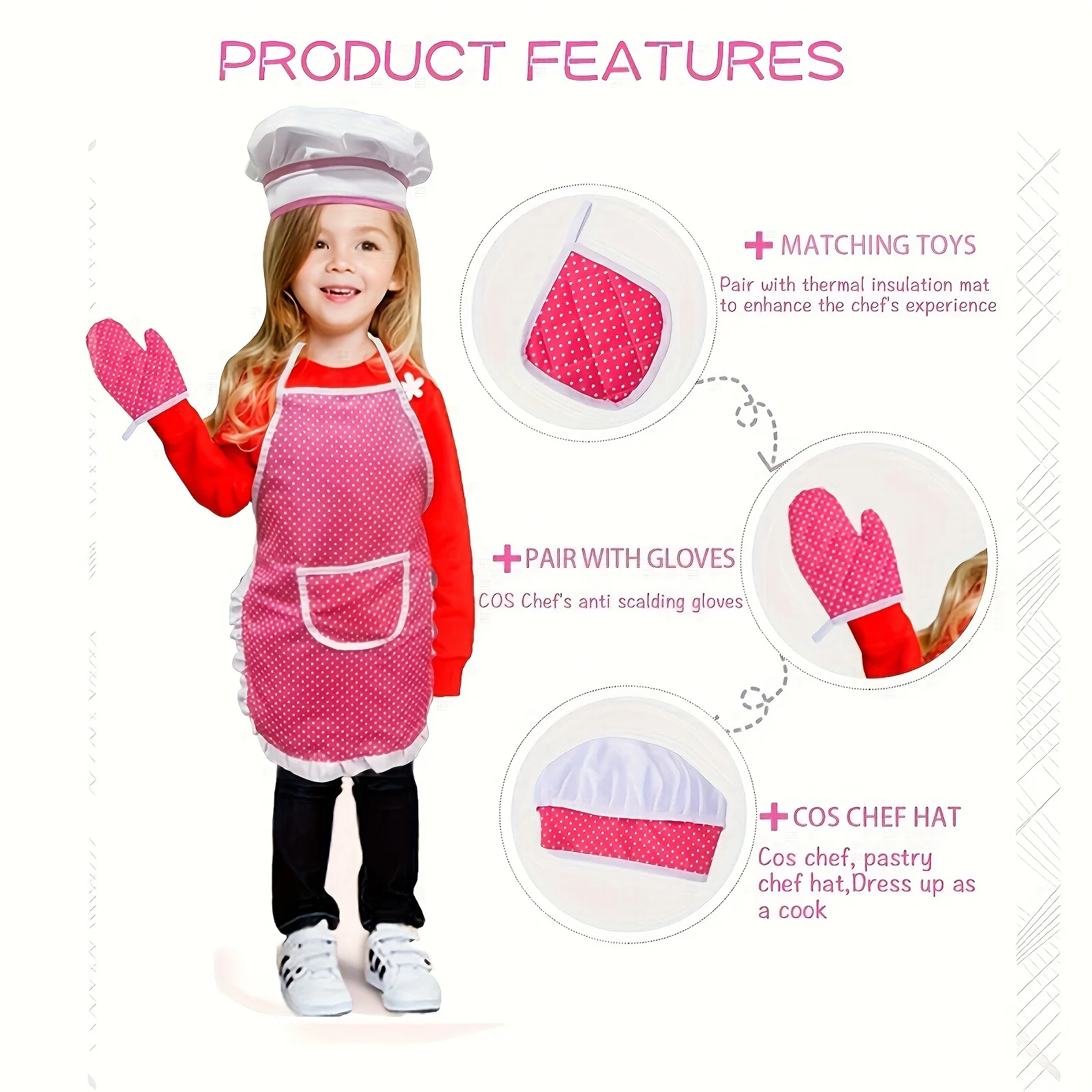 1 Set Girls Chef Role Play Costume Set Apron Chef Hat Baking Gloves Kids Cooking Dresses Pink Plaid Kitchen Play Costume