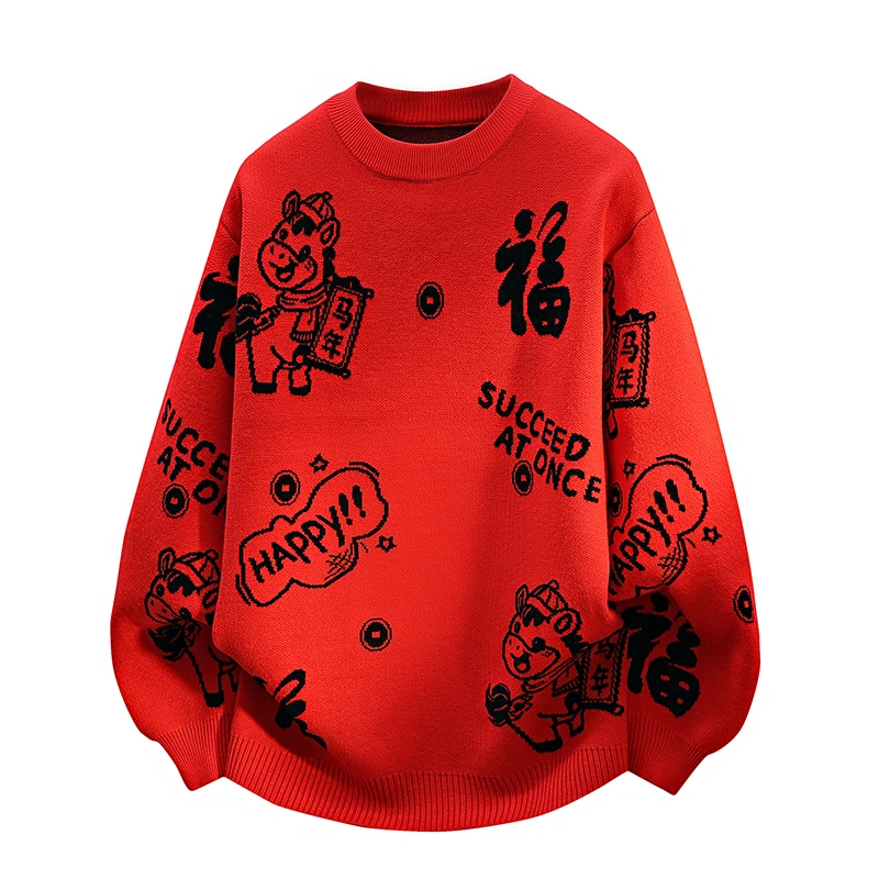 

Красный вязаный свитер свободного кроя с круглым вырезом и цветочной вышивкой, утепленный, для повседневной носки зимой, мужской, с длинными рукавами