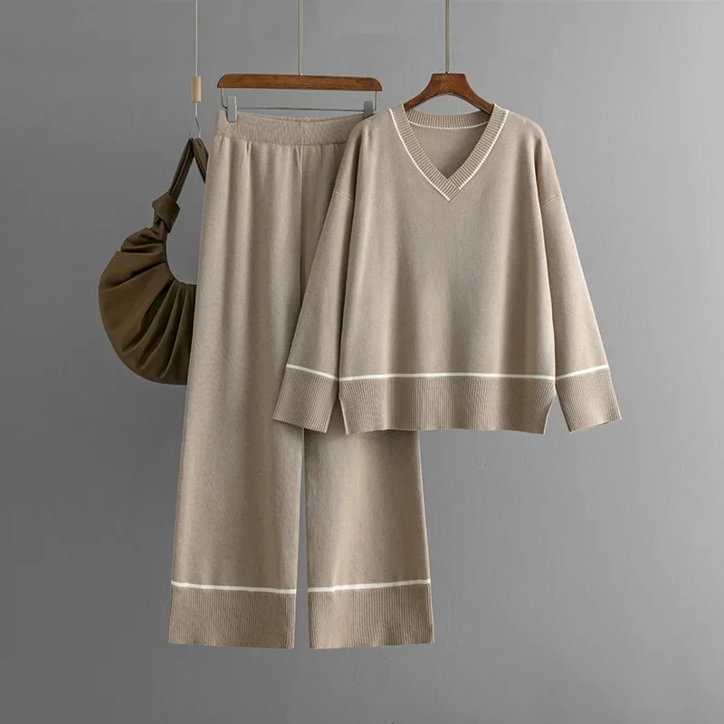 Women\'s V Neck Sweater Two Piece Sets Womens Outifits Autumn Winter Knitt Loose Suits Pants Sets for Women 2 Pieces Pullover