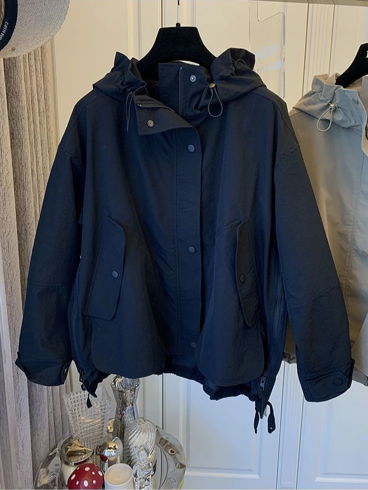 Retro style fashionable jacket women in spring new assault suit trendy hooded drawstring design versatile casual coat