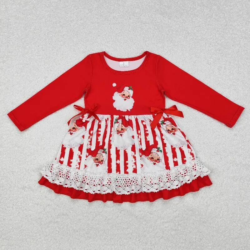 

8.15y Boutique Wholesale Christmas Girls Dress Santa Lace Striped Red Long Sleeve Dress for Kids