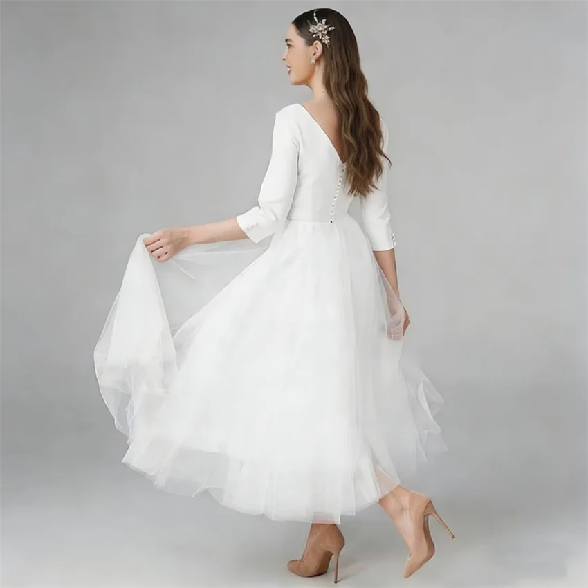Customized Boho Simple Satin Midi Wedding Dresses for Bride Tea Length 3/4 Sleeves Short Bridal Gowns A Line Vestido De Noiva image 2