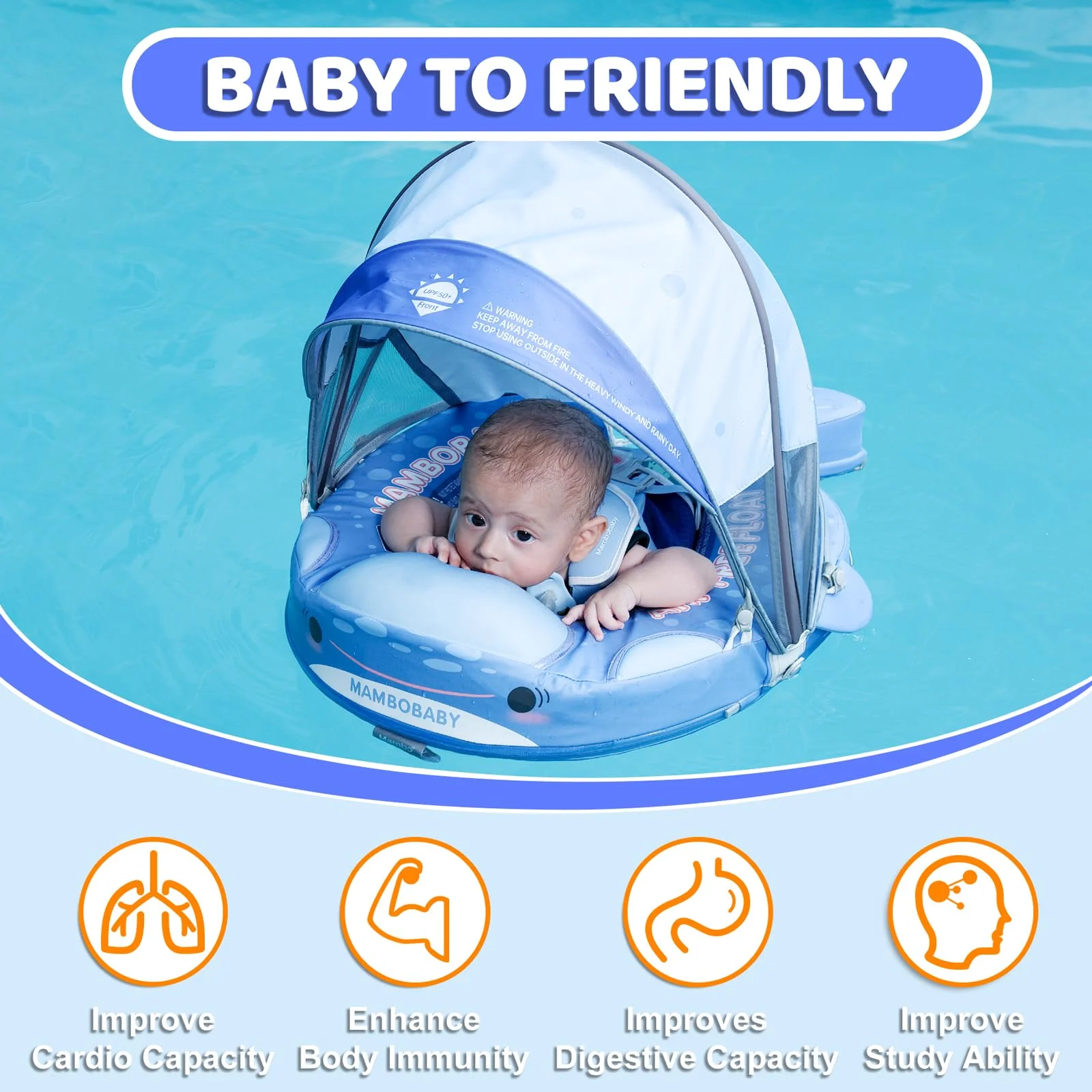 Mambobaby Float Swimming Trainer Safe Air-Free Core Canopy with Sunshade Baby Swimming Ring Toddler Pool Float Infant Fiber Ring view 6