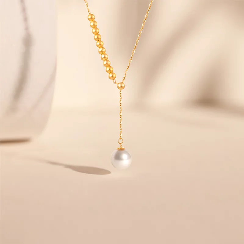 Real 18K gold freshwater pearl Y-chain AU750 gold ball necklace women's boutique jewelry wedding birthday gift X0029