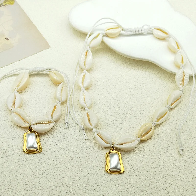 Fashion Female Shell Necklace Bracelet For Women Girls Hot Summer Bohemian Handmade String Rope Chains Jewelry Gifts Set