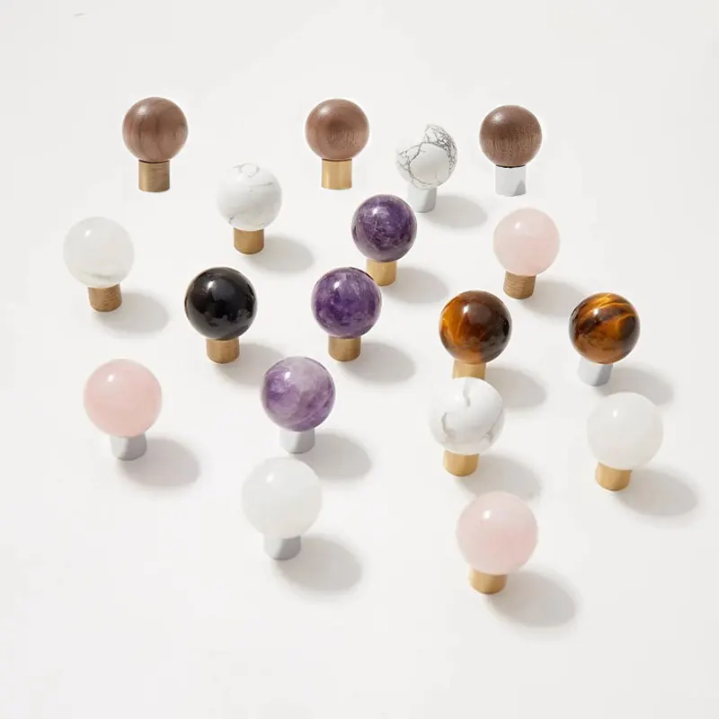 Natural Crystal with Brass Round Knobs for Cabinets and Drawers Single Hole Creative Wardrobe Pulls Copper Furniture Handles