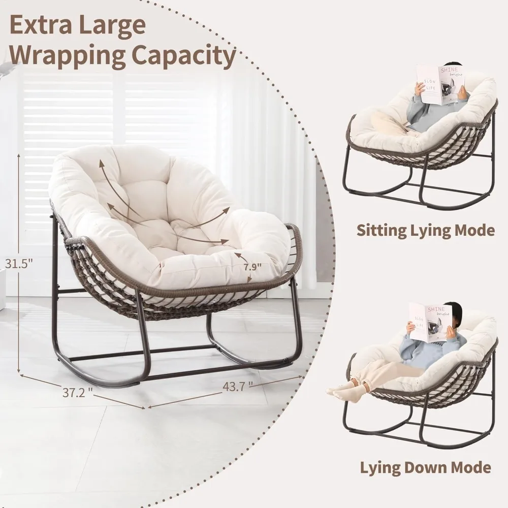 Outdoor Oversized Comfy Royal Rattan Rocking Chair with Cushion, for Indoor & Outdoor Use, like Living Room, Bedroom，etc.