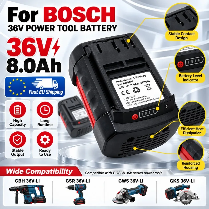 Batterie Li-ion 36V 8.0Ah améliorée, compatible avec les modèles Bosch BAT4030, BAT4040, BAT4050, BTA4060, dotée d’un système de gestion de batterie intelligent intégré, d’une faible production de chaleur et d’une longue durée de fonctionnement. Batterie de remplacement pour outils électriques sans fil. Livraison rapide en UE.