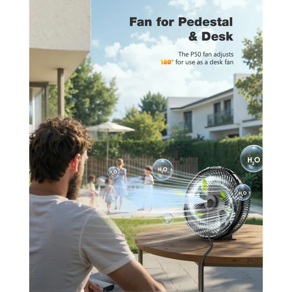 مراوح رذاذ خارجية بقدرة 20000 مللي أمبير في الساعة للباحات الخارجية، وقاعدة 12 بوصة ومراوح متأرجحة على سطح الطاولة مع مجموعة رذاذ مروحة، قابلة لإعادة الشحن