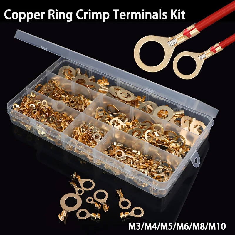 150/300/450/540Pcs M3/M4/M5/M6/M8/M10 Copper Ring Crimp Terminals Kit Cable Lug Wire Connection Non Insulated Assortment Kit
