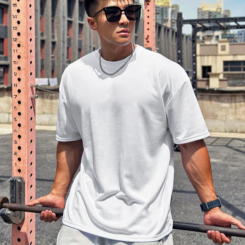 Plain Oversized Loose Mens Casual T-shirts Gym Bodybuilding Fitness Short Sleeves Tops Summer Mesh Breathable Quick Dry Shirts