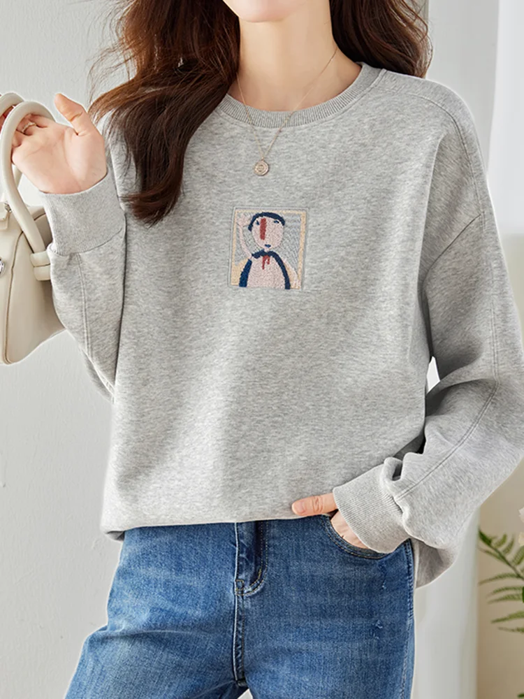 

Korean Style Embroidered Snowman Sweatshirts Women Long Sleeve O Neck Loose Casual Pullovers Female 2024 New Fall Winter Tops