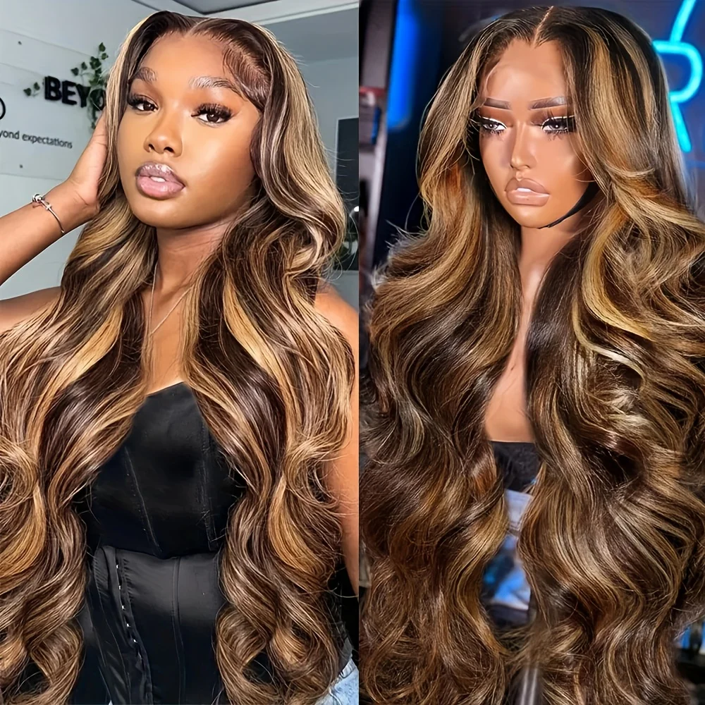 

Парик из натуральных волос 13x4 Ombre Highlight Lace Front с эффектом baby hair, плотность 250, цвет 4/27 медово-блонд, волнистый фронтальный парик из натуральных волос