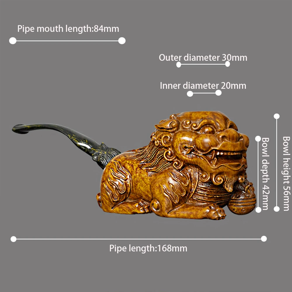 Hand-carved tobacco pipe, Chinese stone lion carved pipe, briar pipe bowl, Cumberland pipe mouthpiece, bowl inner diameter 20mm