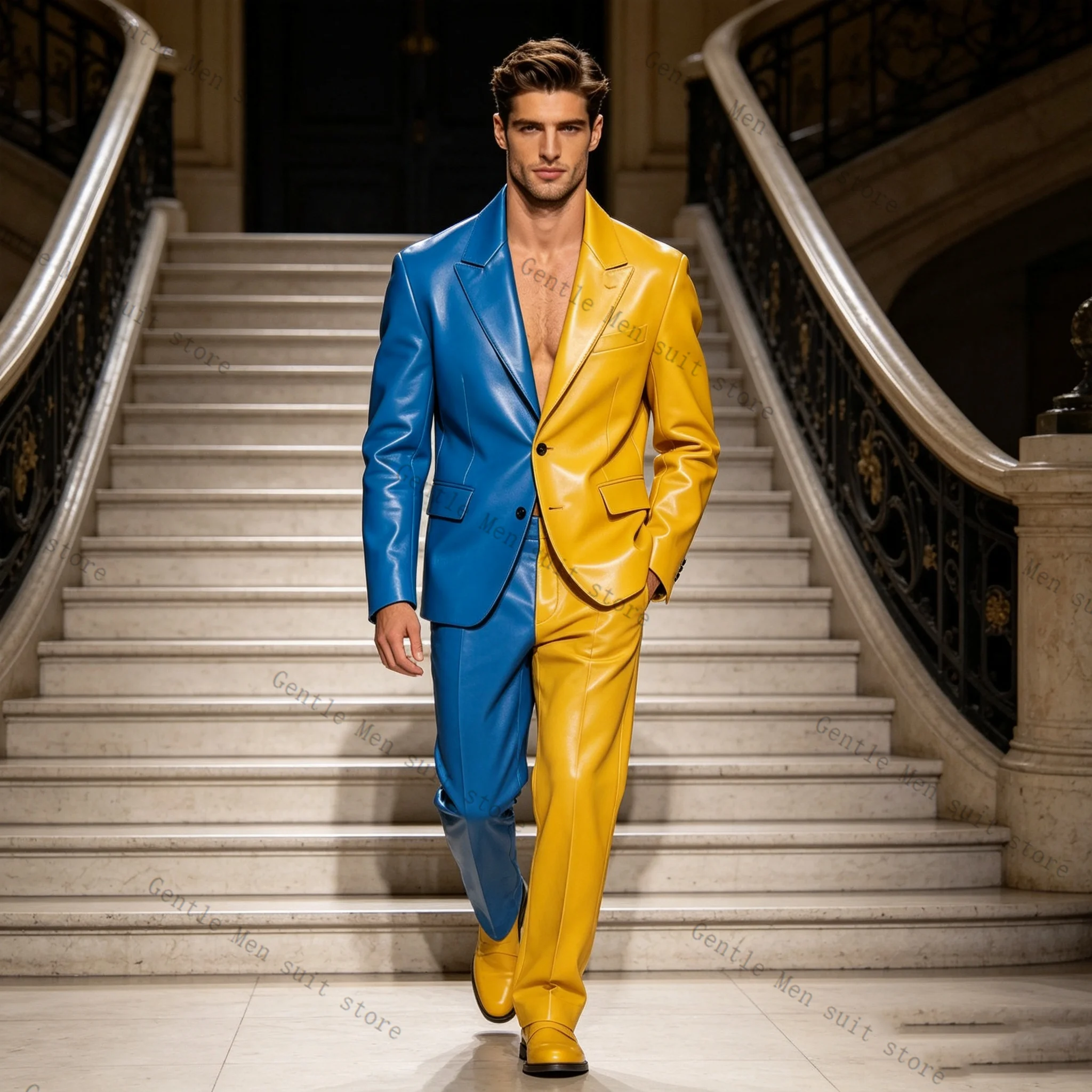 

Yellow Blue PU Leather Men Suit Set 2 Pcs Blazer+Pants Trousers Wedding Tuxedos Formal Office Business Jacket Coat Customized