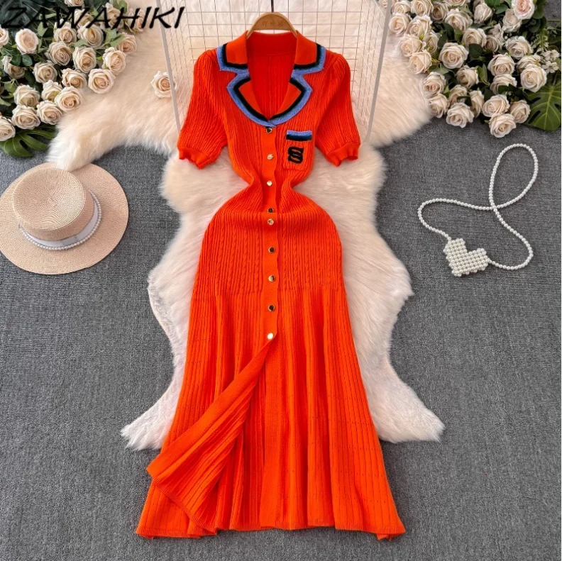 

Knitted Women Dress Contrast Color Embroidery Button Femme Robe Short Sleeve Office Lady Vestidos Temperament Korean Ropa Mujer