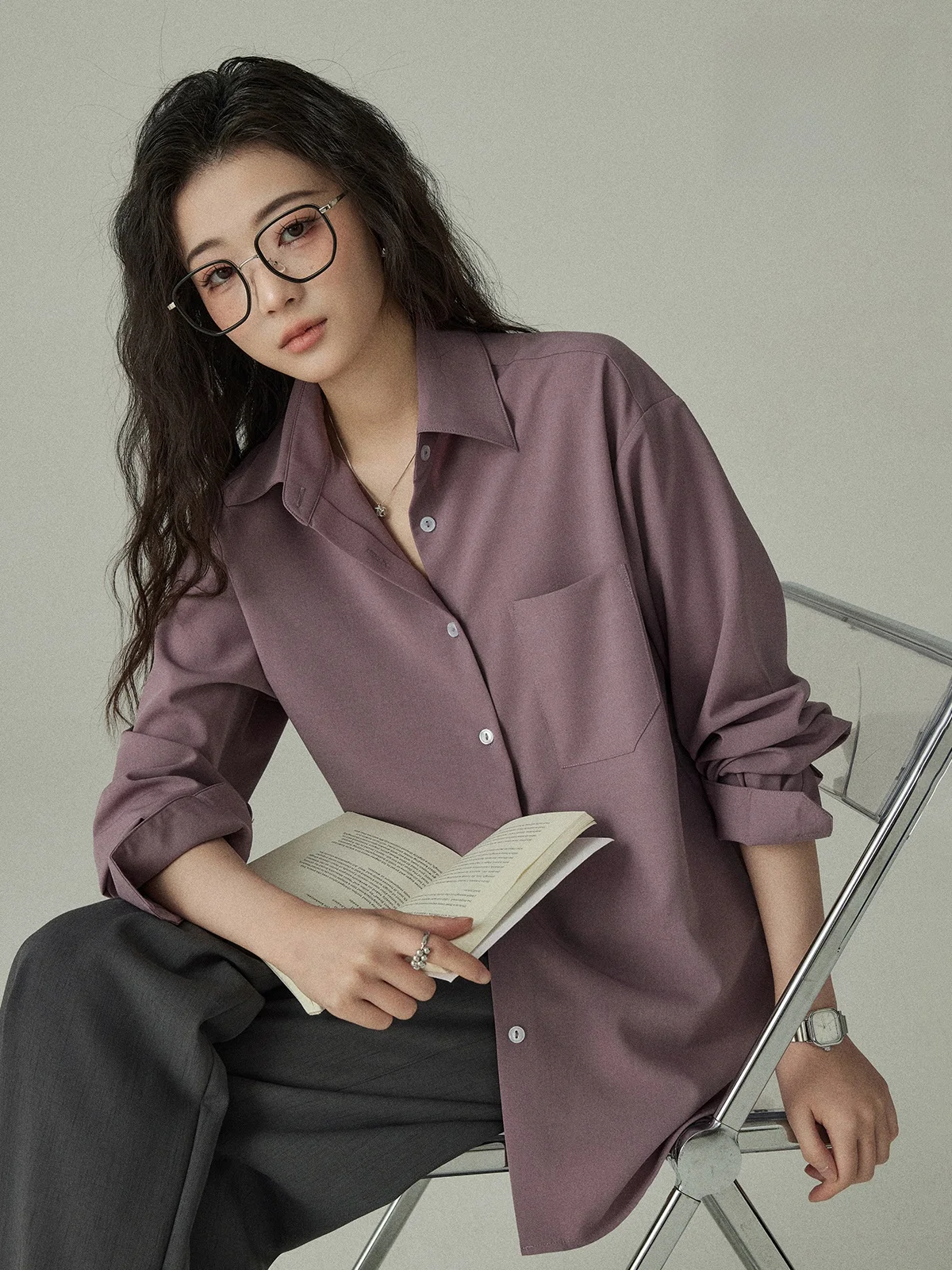 

Yakejia Women's Long Sleeve Loose Fit Shirt Thin Vine Purple Korean Style Spring Autumn Commute Fashionable Versatile Shirt