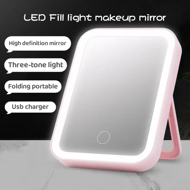 Led Touchscreen Make-Up Spiegel Opvouwbare Spiegel Verlichte Make-Up Spiegel 3 Kleuren Lichtmodi Usb Oplaadbare Cosmetische Spiegel Tools