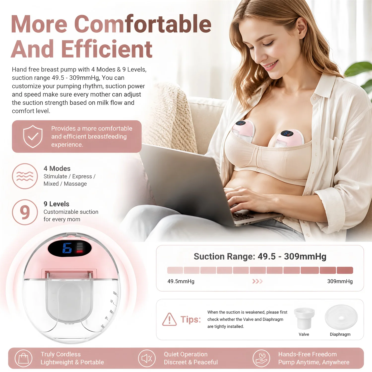 Wearable Breast Pump Hands Free Electric Portable Wearable Breast Pumps Slient BPA-free Breastfeeding Milk Collector view 3