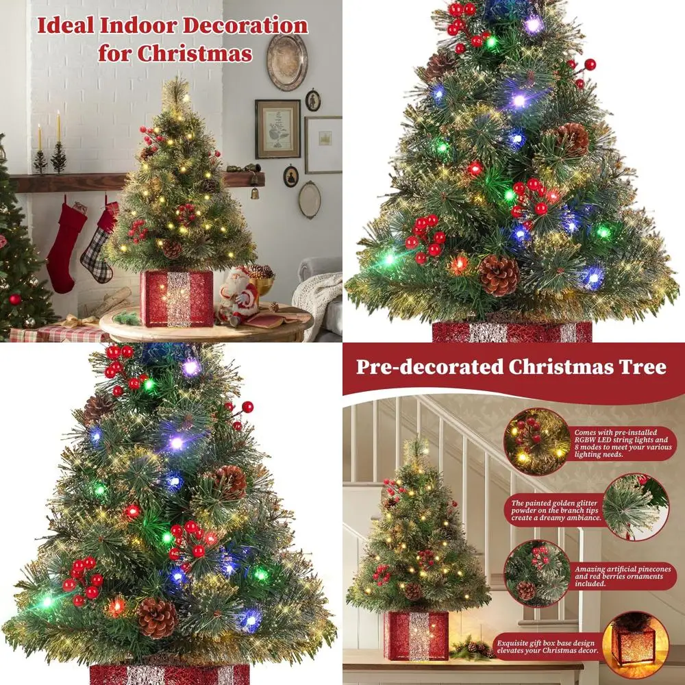 

Battery-Powered 2-Foot Tabletop Christmas Trees with Gift Box Base and Ornaments for Easy Setup and Bedroom Decor