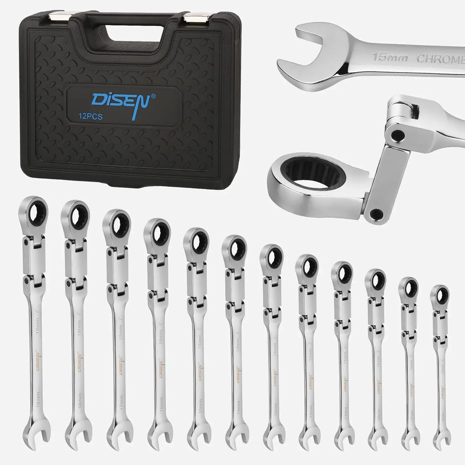 

12-Piece Double Jointed Ratchet Wrench Set, Metric 8-19mm, Flex Head with Storage Case