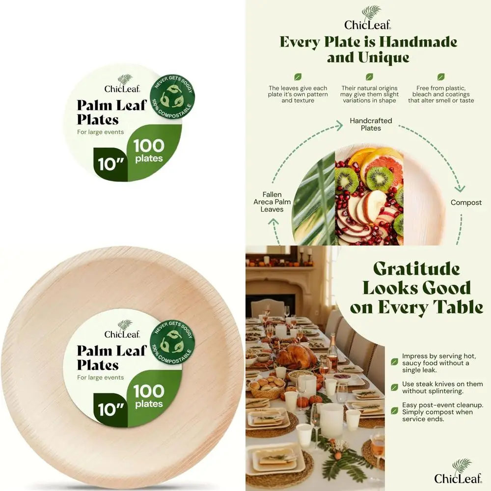 

Экологичные тарелки с 10 пальмовыми листьями, упаковка из 100 шт. — прочные принадлежности для Дня Благодарения и свадебных вечеринок для бордюрных досок
