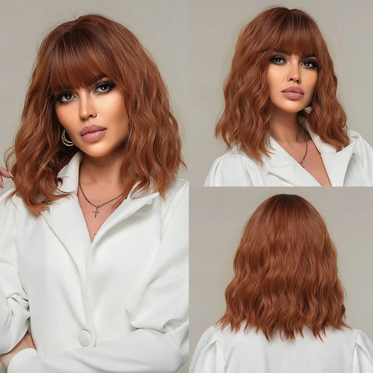 

Short Bob Wavy Synthetic Wig Red Brown Copper Ginger Wigs with Bangs for Women Natural Party Cosplay Heat Resistant Hair